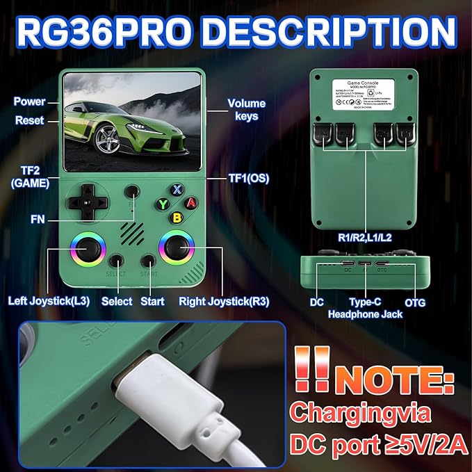 RG36PRO Retro Video Game Console - Open Source System,3.5" IPS Screen,64G TF Card,3000mAh Battery,Support 30,000+ Classic Retro Video Games for Teen or Partner - Gift for Christmas - Green