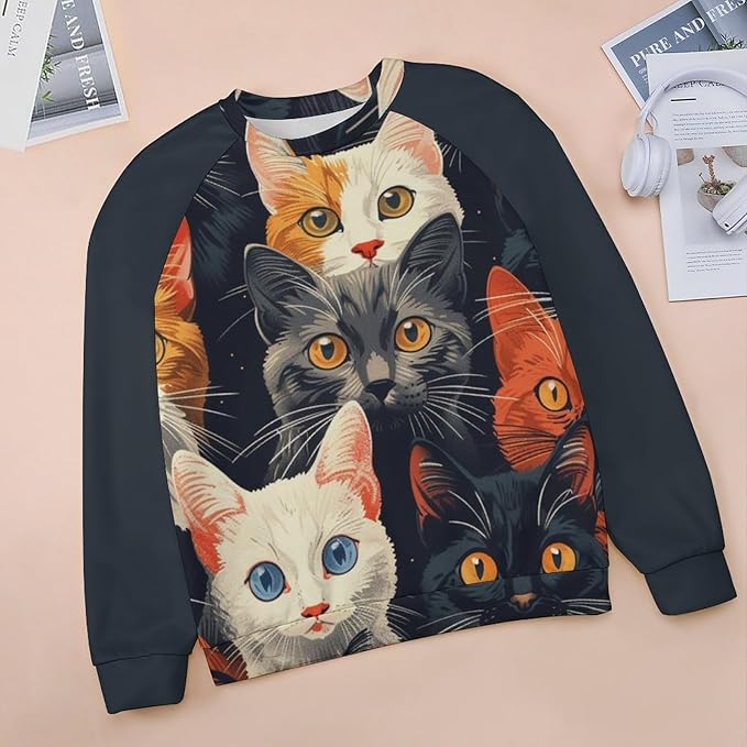 Long Sleeve Shirt Women Fall Cat Print Funny Hide Belly Vacation Plus Size Ladies Hippie Dressy Sweaters