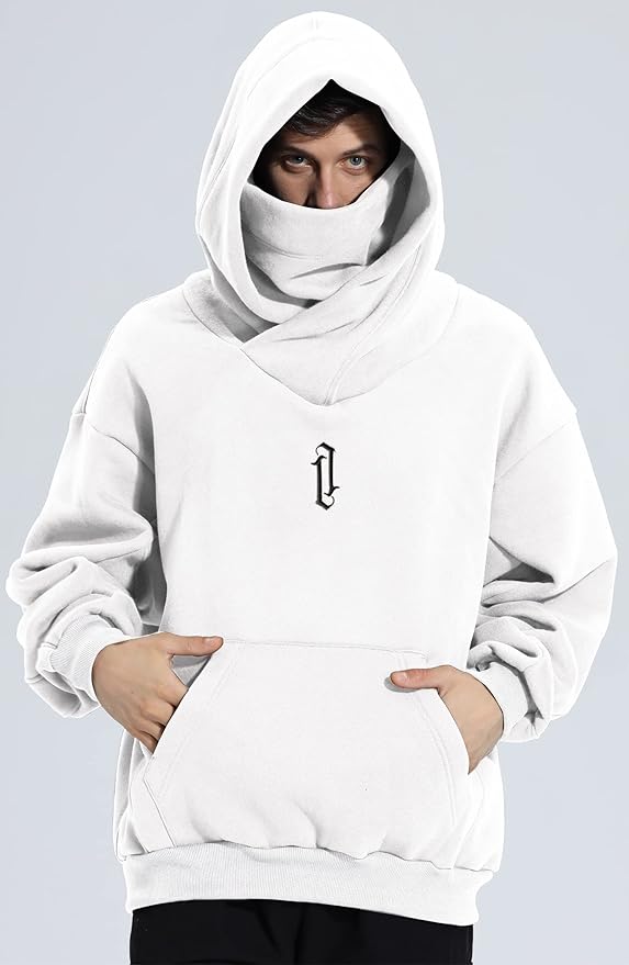 Fleece Hoodies for Men Cowl Neck Sweatshirts Hood with neck Gaiter Casual Pullover Fall Winter with Embroidery