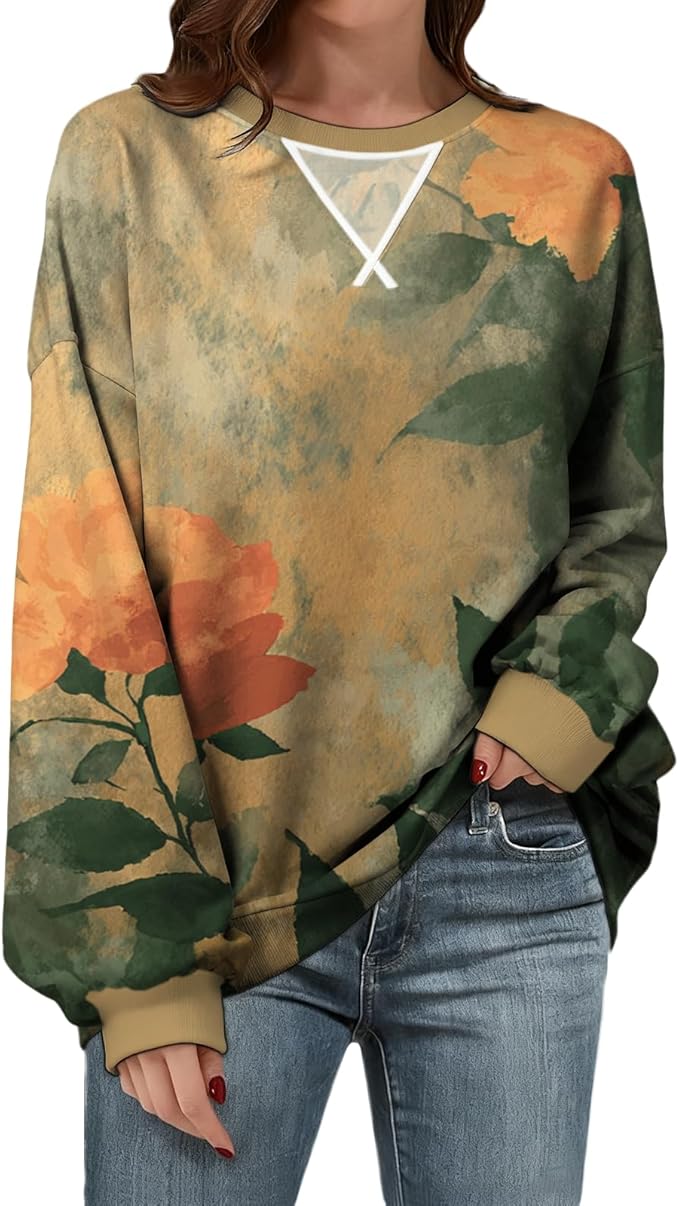 Womens Sweatshirts Fahsion Floral Print Long Sleeve Comfy Fall Tops Oversized Casual Crewneck Pullover Shirts