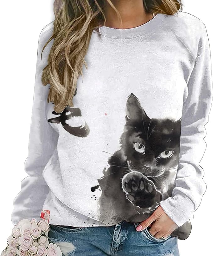 Long Sleeve Shirts for Women Cat Printed Fall Winter Dressy Holiday Casual Fashion Crewneck Tunic Tee Shirts
