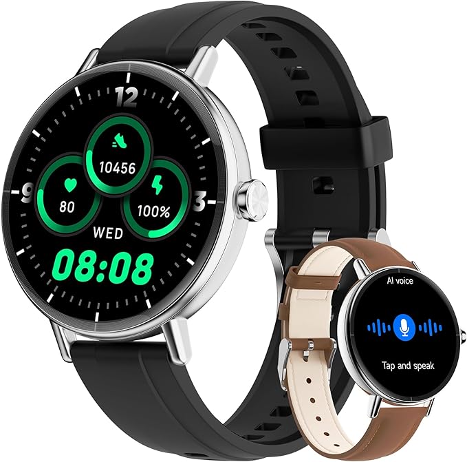 Smart Watches for Men/Women,1.27" HD Fitness Watch Answer/Make Call, Heart Rate/Sleep/SpO2，Round Smart Watch for iPhone/Samsung/Android,IP68 Waterproof，110+ Sport Mode-Black(2 Bands)