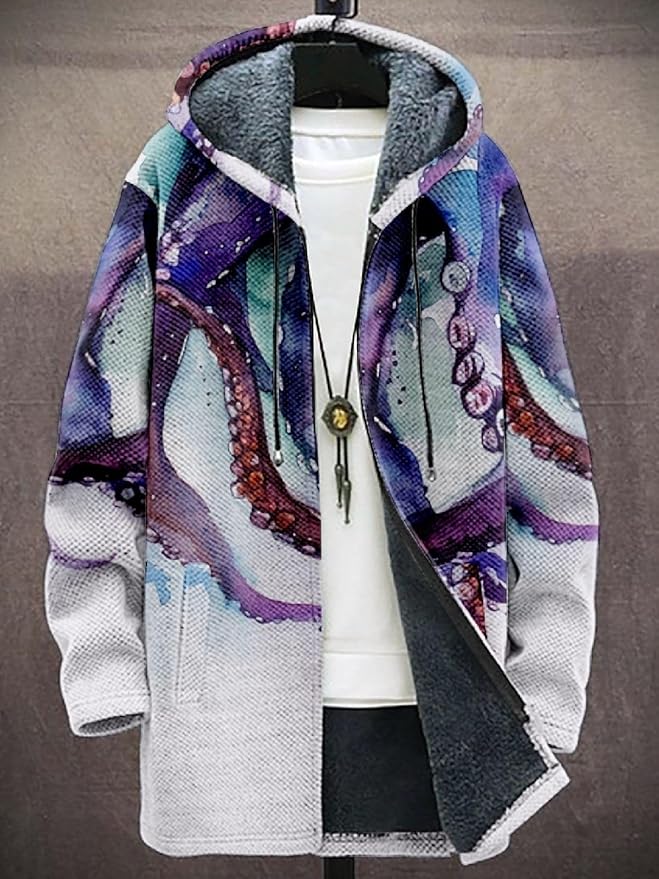 2025 Men's Ethnic Pattern Hooded Jacket Long Cardigan Hoodies Full Zip Vintage Knitted Zipper Coat with Pocket