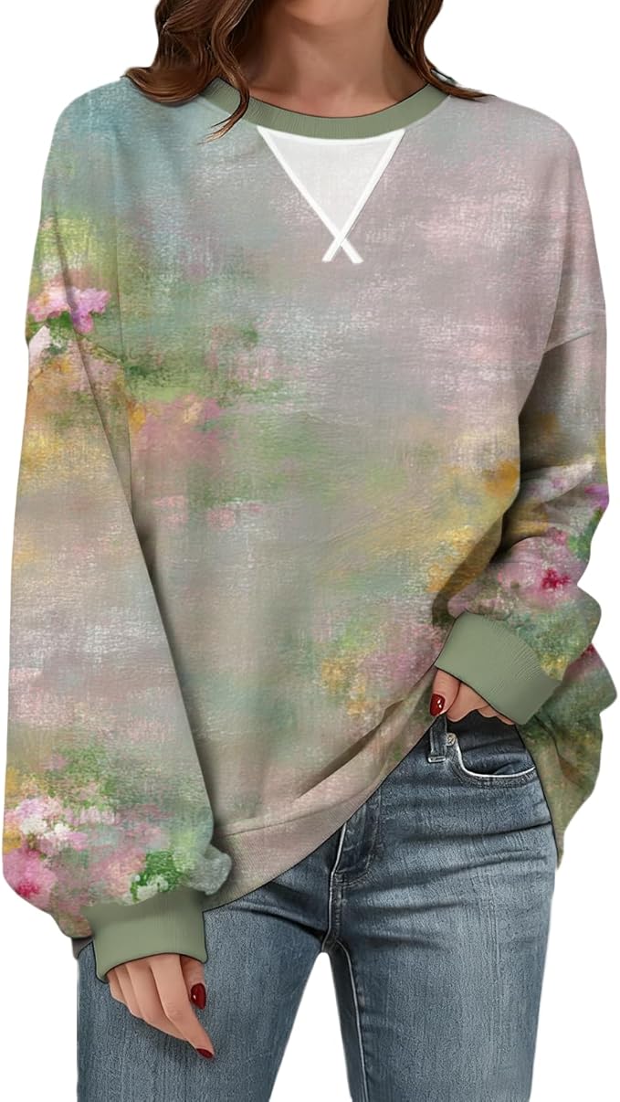 Womens Sweatshirts Fahsion Floral Print Long Sleeve Comfy Fall Tops Oversized Casual Crewneck Pullover Shirts