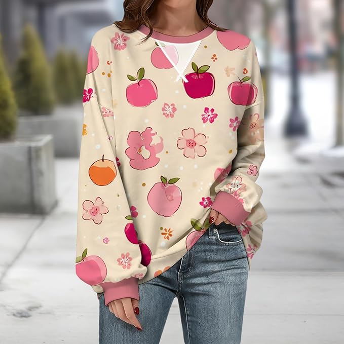 Womens Sweatshirts Fahsion Floral Print Long Sleeve Comfy Fall Tops Oversized Casual Crewneck Pullover Shirts