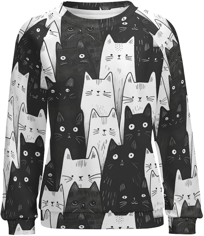 Long Sleeve Shirt Women Fall Cat Print Funny Hide Belly Vacation Plus Size Ladies Hippie Dressy Sweaters