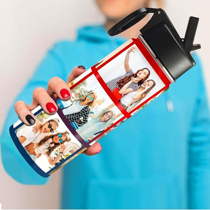 Personalized Photo Water Bottle with Straw Lid, 18 oz/32 oz Custom Stainless Steel Sports Water Bottle with 1-9 Picture Name or Text-Double Wall Vacuum Insulated Gift Cup for Kids Women Men