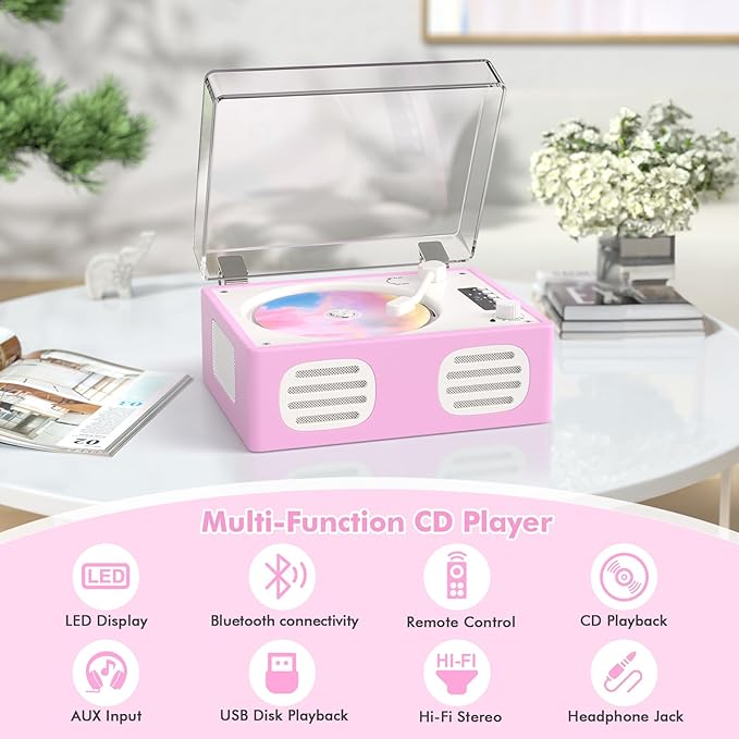 CD Player Portable Bluetooth Input/Output, Retro CD Player with Hi-Fi Speakers, Rechargeable Cute CD Players for Home with LED Display, USB Playback, AUX-in, Headphone Jack, Purple-Pink