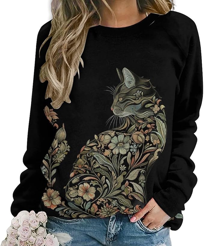 Sweatshirt for Women Cat Print Fashion Funny Plus Size Ladies Dressy Crewneck Casual Trendy Tee Shirts