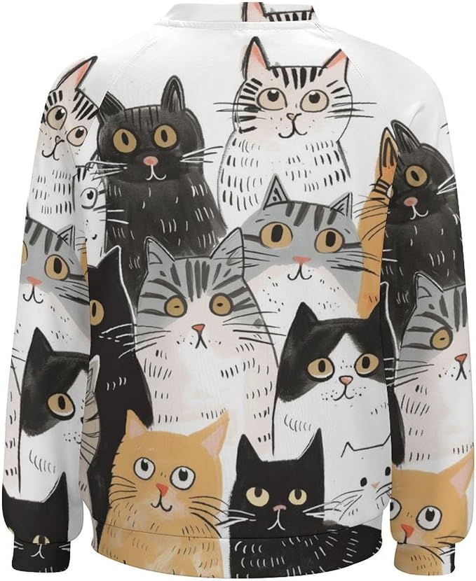 Fall Sweaters for Women 2024 Cat Print Long Sleeve Casual Crewneck Warm Fall Pullover Comfy Fashion Sweatshirts