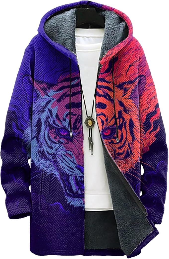 MARSVOVO Long Hooded Cardigan Men Japanese Art Style Fashion Cool Graphic Streetwear Winter Warm Lined Fleece Jacket