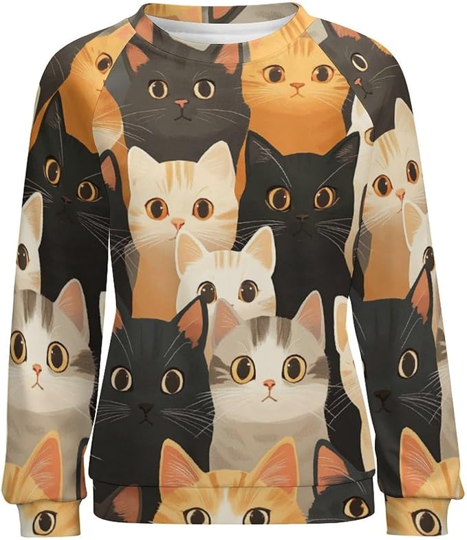 Fall Sweaters for Women 2024 Cat Print Long Sleeve Casual Crewneck Warm Fall Pullover Comfy Fashion Sweatshirts