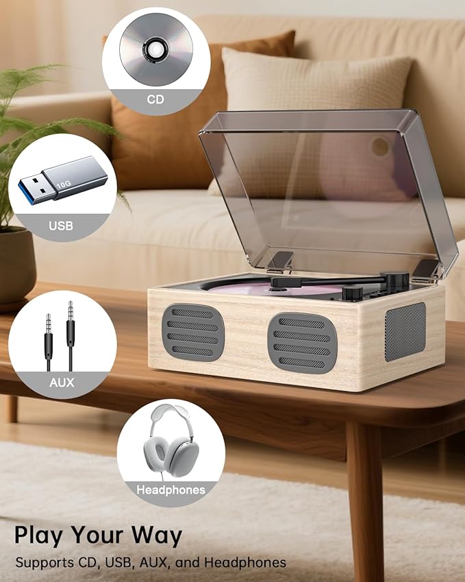Portable Retro CD Player with Bluetooth Transmitter and Dual HiFi Speakers, LED Screen, Desktop Vintage Nostalgic Rechargeable CD Music Player for Home, Grey Wooden