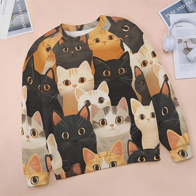 Fall Sweaters for Women 2024 Cat Print Long Sleeve Casual Crewneck Warm Fall Pullover Comfy Fashion Sweatshirts