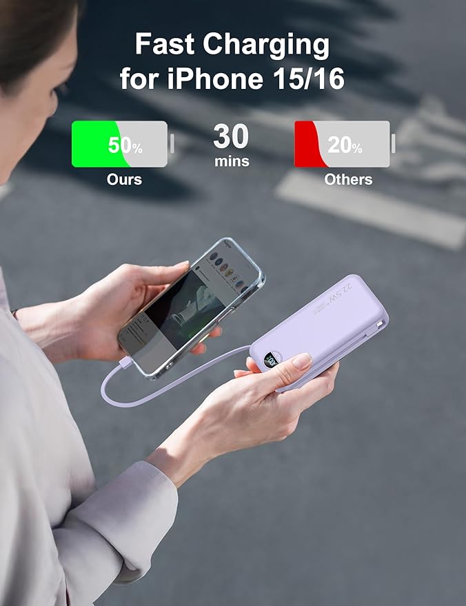 20000mAh Ultra-Portable-Charger-Power-Bank PD20W with Built in Cables&AC Wall Plug,Fast Charging Cell Phone Charger Battery Pack,LED Display Travel Battery Bank for All iPhone,Samsung,Android