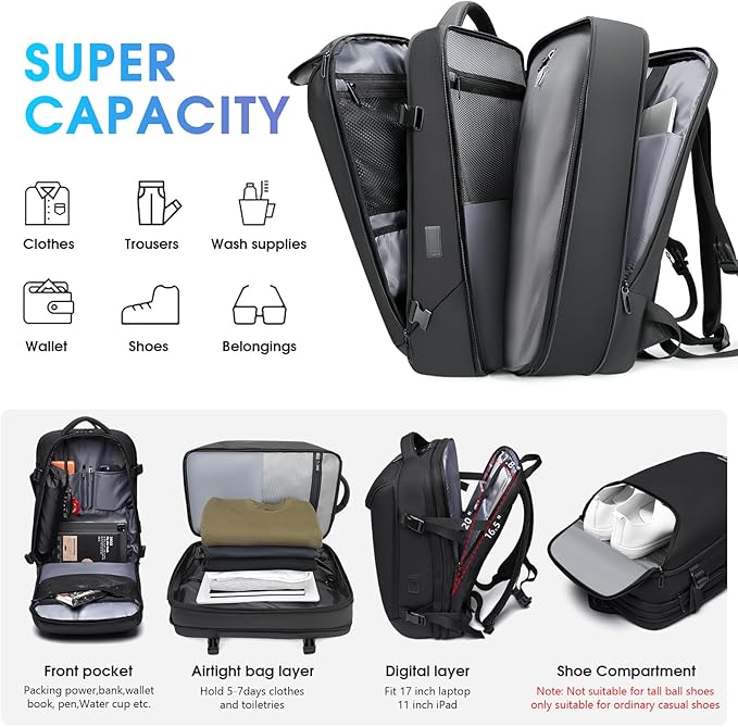 Vacuum Backpack Travel with Pump, 40L Expandable Carry on Compression Backpack Flight Approved for Women Men Fit 17 Inch Laptop with USB Charging Port Business Weekender