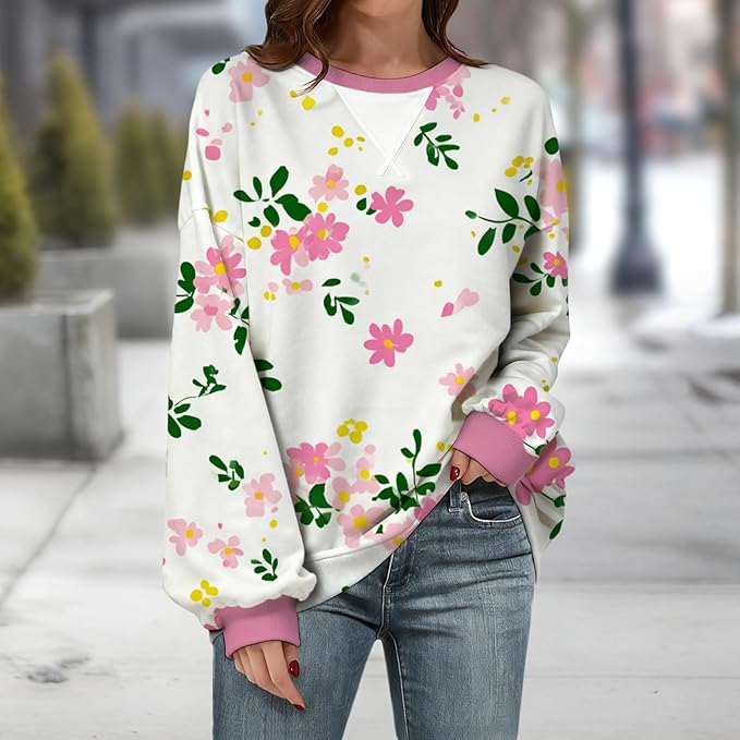 Womens Sweatshirts Fahsion Floral Print Long Sleeve Comfy Fall Tops Oversized Casual Crewneck Pullover Shirts