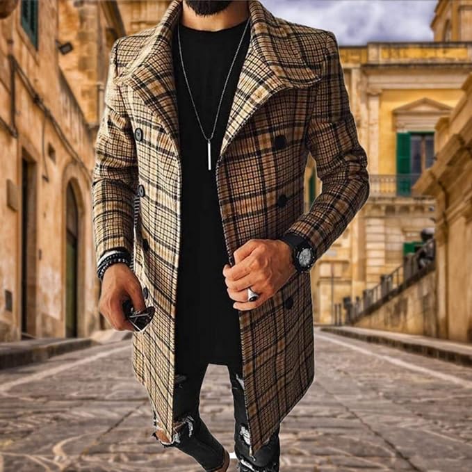 Men's Plaid Long Trench Coat Mid - Length Lapel Collar Button Down Warm Overcoat for Winter & Autumn Fashion