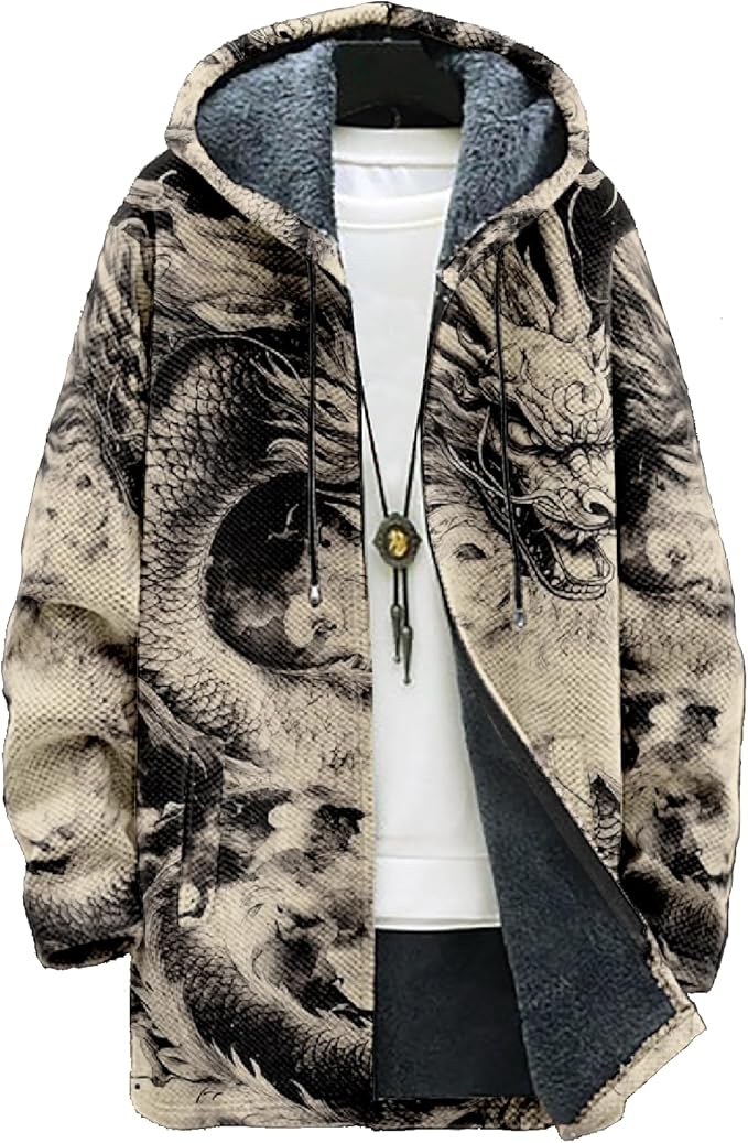 Mens Hooded Cardigan Japanese Art Zip Up Long Sleeve Sweater Hoodie Dragon Print Coat with Pockets