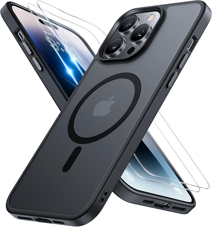 Miracase Magnetic for iPhone 14 Pro Max Case 6.7 inch (Compatible with MagSafe)（with 2X Screen Protectors） Military-Grade Protection, Anti-Fingerprint Translucent Matte Phone Case Cover, Black