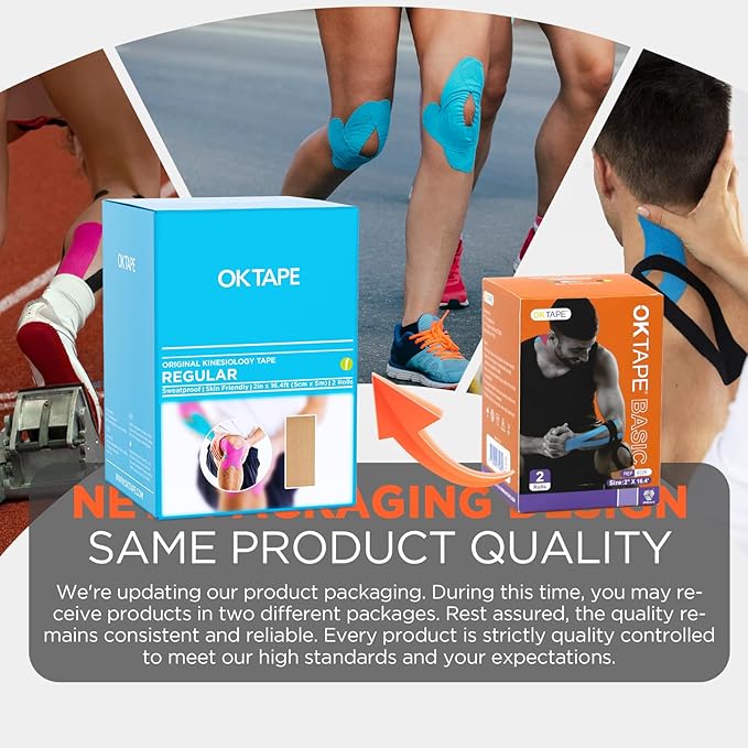OK TAPE Regular Original Cotton Kinesiology Tape (2 Pack), Elastic Water Resistant Therapeutic Athletic Tape, Latex Free, Injury Recovery, Uncut K Tape 2in×16.4ft - Black