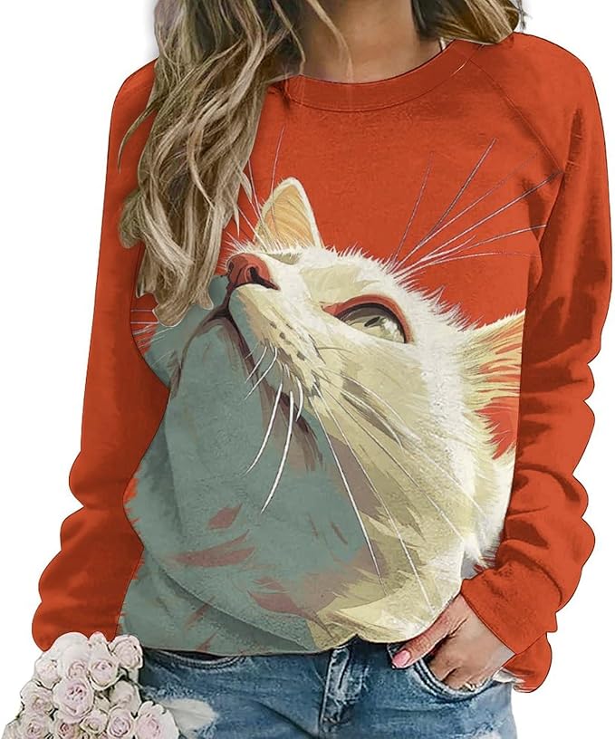 Long Sleeve Shirt Women Fall Cat Print Funny Hide Belly Vacation Plus Size Ladies Hippie Dressy Sweaters