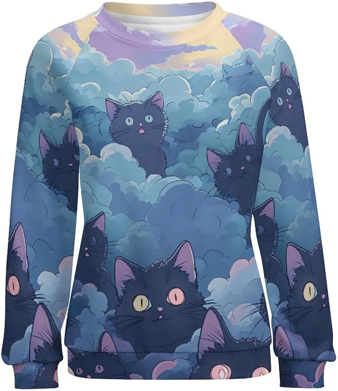 Long Sleeve Shirt Women Fall Cat Print Funny Hide Belly Vacation Plus Size Ladies Hippie Dressy Sweaters
