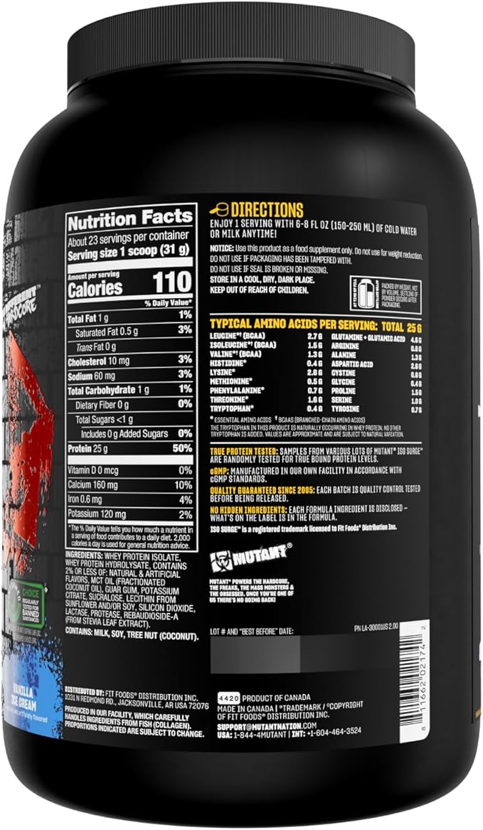 Mutant ISO Surge Whey Protein Isolate Powder Acts Fast to Help Recover, Build Muscle, Bulk and Strength, 1.6 lb (Vanilla Ice Cream)