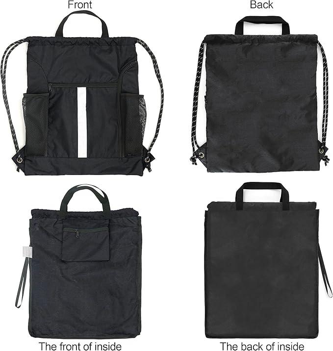 BeeGreen Drawstring Backpack Bag Sports Gym Backpack with Shoe Compartment and Two Water Bottle Holder for Men Women Large String Backpack Athletic Sackpack Workbag Black