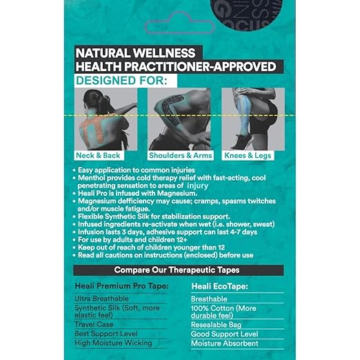 Heali Kinesiology Tape with Magnesium and Menthol, 3 Pack, Each w/ 20 Precut Strips, K Tape Roll, Knees, Physical Therapy Sports Tape for Knees, Joints & Muscles, Water Resistant, Black Inspo