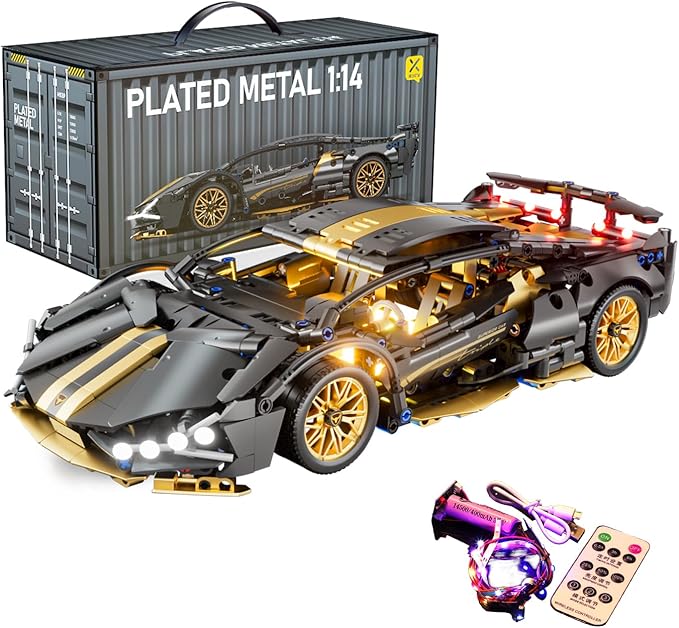 Sport Race Car Building Block Sets for Adults Boys,Black Technical Racing Supercar Toys Kits with LED Light Collectible 1:14 MOC Model Construction Birthday Gifts for Teens Age 8-12 8-14,14+