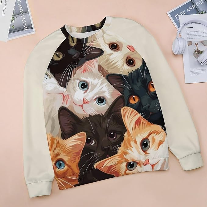 Long Sleeve Shirt Women Fall Cat Print Funny Hide Belly Vacation Plus Size Ladies Hippie Dressy Sweaters