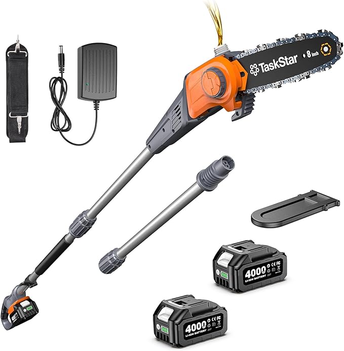 8-Inch Cordless Pole Saw, Electric Pole Saws for Tree Trimming, 2×4000mAh Batteries, 600W Powerful Motor, Max Reach 15Ft, Tool-Free Chain Tensioning, Auto Lubrication