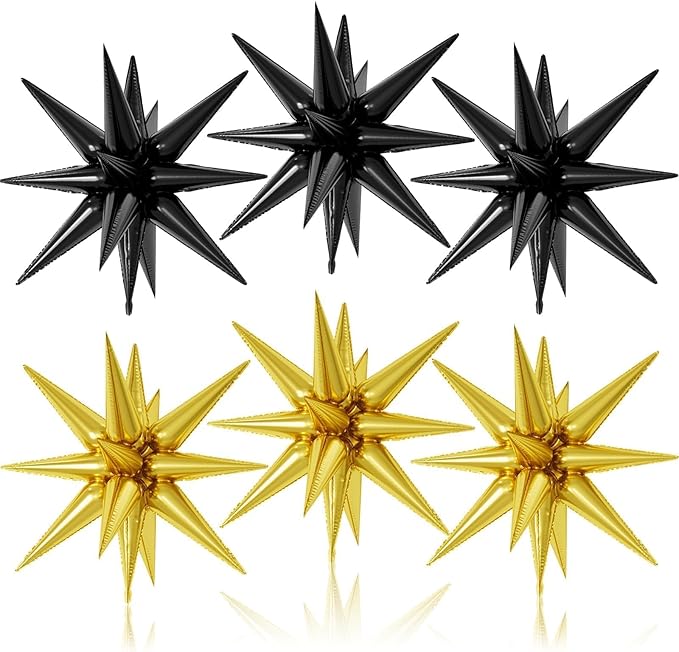 6PCS Black Gold Star Balloons, 22Inch Large Star Balloon Foil Balloons Party Balloons for Birthday Graduation Wedding Retirement NewYear Party Decorations