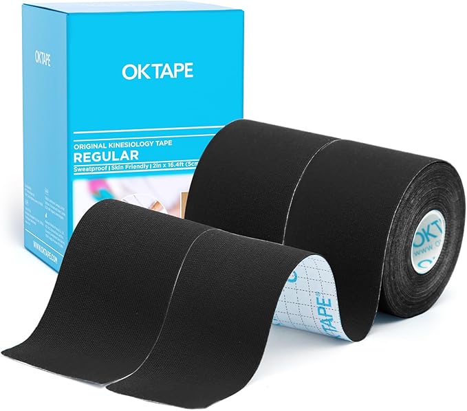 OK TAPE Regular Original Cotton Kinesiology Tape (2 Pack), Elastic Water Resistant Therapeutic Athletic Tape, Latex Free, Injury Recovery, Uncut K Tape 2in×16.4ft - Black