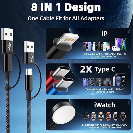 Dual Type-C Port 4 in 2 Multi Charging Cable for Apple iWatch Charger/iPhone 17/Lightning, Travel Charger for Multiple Devices, iPhone 17 Charger for iWatch Ultra/SE/11-2, iPhone16-8, iPad - 2Pcs 5FT