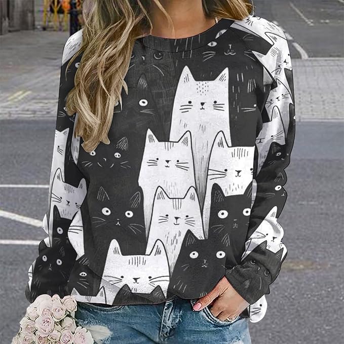 Long Sleeve Shirt Women Fall Cat Print Funny Hide Belly Vacation Plus Size Ladies Hippie Dressy Sweaters