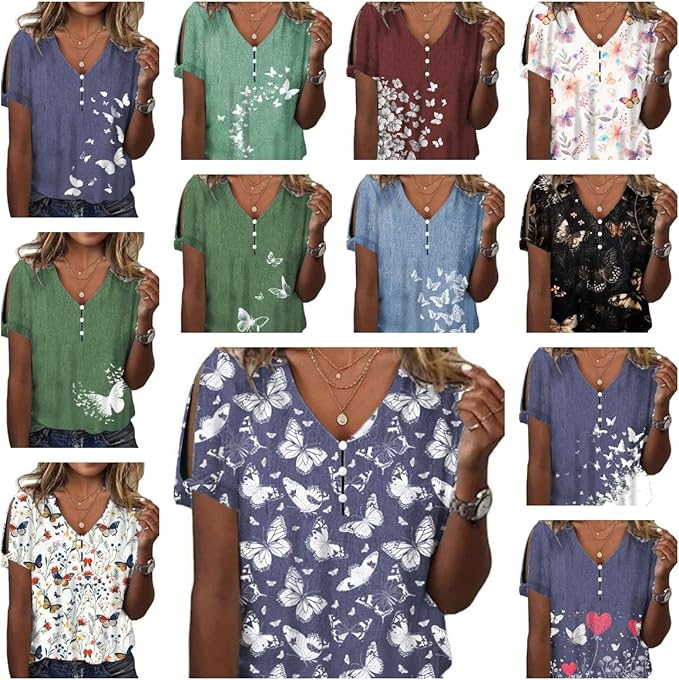 Women's Boho Butterfly Floral Print Cold Shoulder Flowy Tops Summer Dressy Casual V Neck Ladies Blouses Tunic Tops