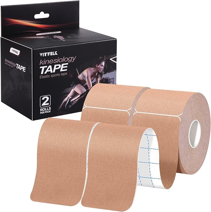 VityElk Kinesiology Tape PreCut Strips 2In x 10In 20 Count- Elastic Sports Tape for Muscle & Joint Pain Relief, Waterproof Support, Athletic Recovery, Physical Therapy (Beige 2 Roll)
