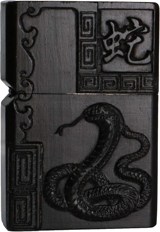 Natural Ebony Black Wood Carved Lighter Shell Box For Zippo Module (Zodiac Snake)