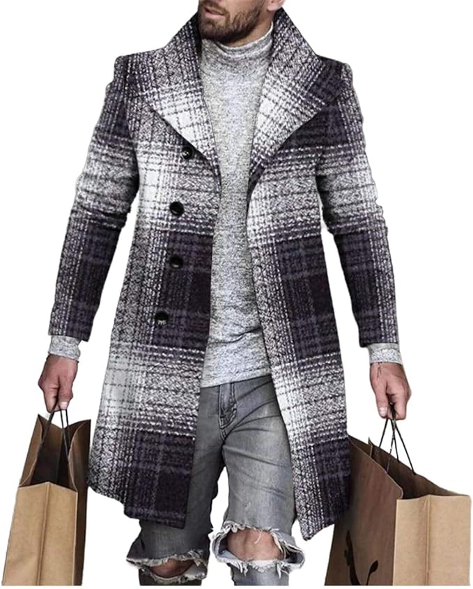 Men's Plaid Long Trench Coat Mid - Length Lapel Collar Button Down Warm Overcoat for Winter & Autumn Fashion