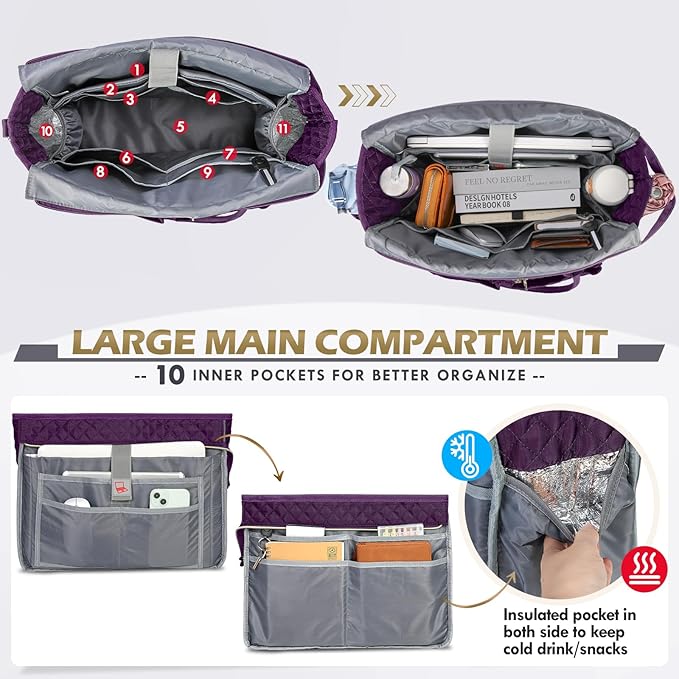 RAINSMORE Teacher Tote Bag 17.3 inch Laptop Bag for Women Work Bags Laptop Tote Nurse Bag Professional Computer Messenger with Insulated Pocket, Laptop Briefcase for Office, College, Dark Purple