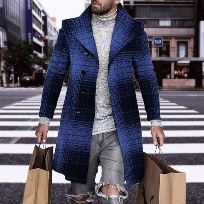 Men's Plaid Long Trench Coat Mid - Length Lapel Collar Button Down Warm Overcoat for Winter & Autumn Fashion