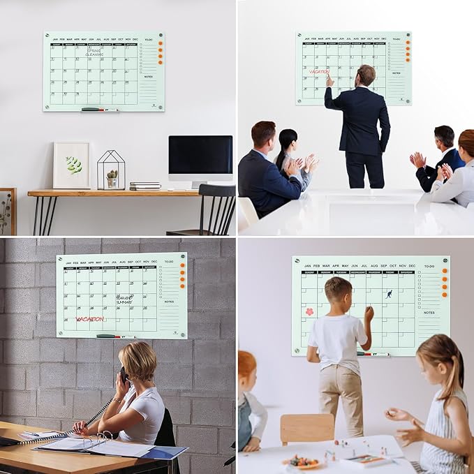 TSJ OFFICE Glass Calendar Whiteboard - 36 x 24 Inches Wall Mounted Monthly Dry Erase Calendar for Wall, Large Magnetic Glass White Board for Office, Home & School