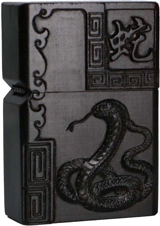 Natural Ebony Black Wood Carved Lighter Shell Box For Zippo Module (Zodiac Snake)