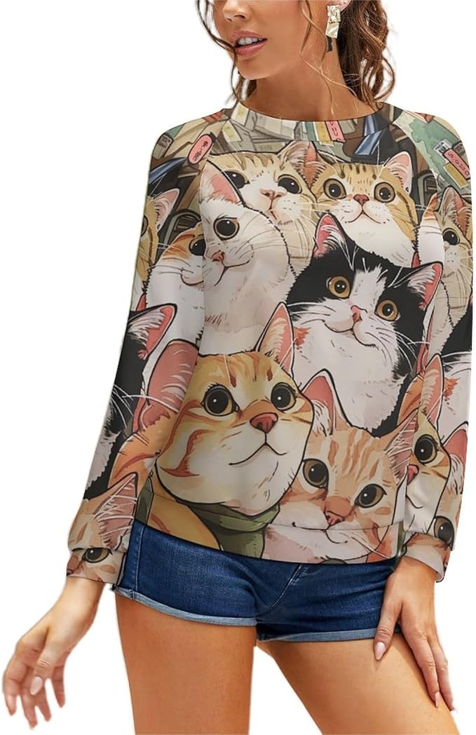 Long Sleeve Shirt Women Fall Cat Print Funny Hide Belly Vacation Plus Size Ladies Hippie Dressy Sweaters