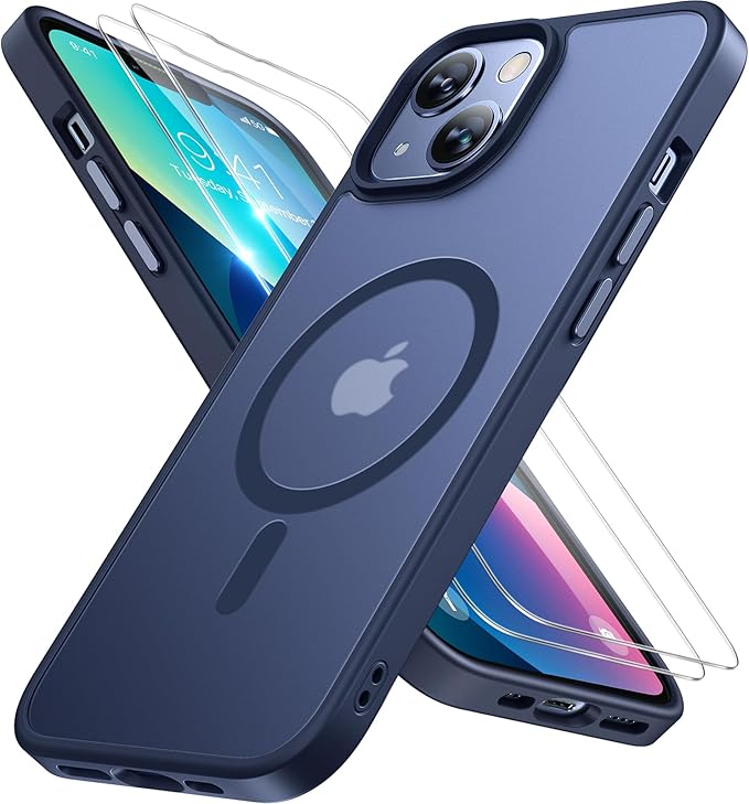 Miracase Magnetic for iPhone 13 Case 6.1 inch (Compatible with MagSafe)（with 2X Screen Protectors） Military-Grade Protection, Anti-Fingerprint Translucent Matte Phone Case Cover, Dark Blue