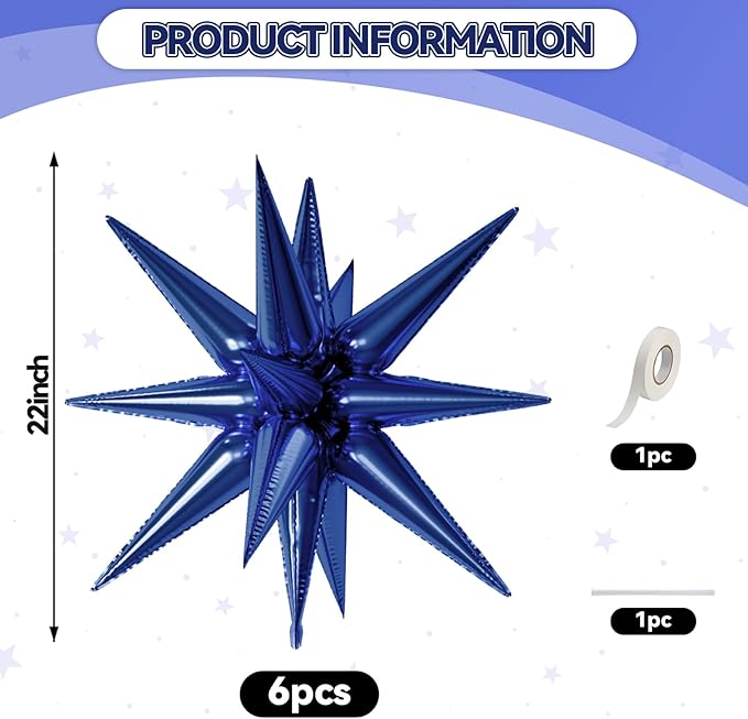 6PCS Star Balloons, 22Inch Large Navy Blue Star Balloon Explosion Foil Balloons Cone Spike Balloon for Birthday Graduation Wedding Anniversary Party Backdrops Decorations