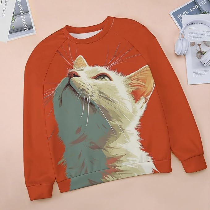 Long Sleeve Shirt Women Fall Cat Print Funny Hide Belly Vacation Plus Size Ladies Hippie Dressy Sweaters