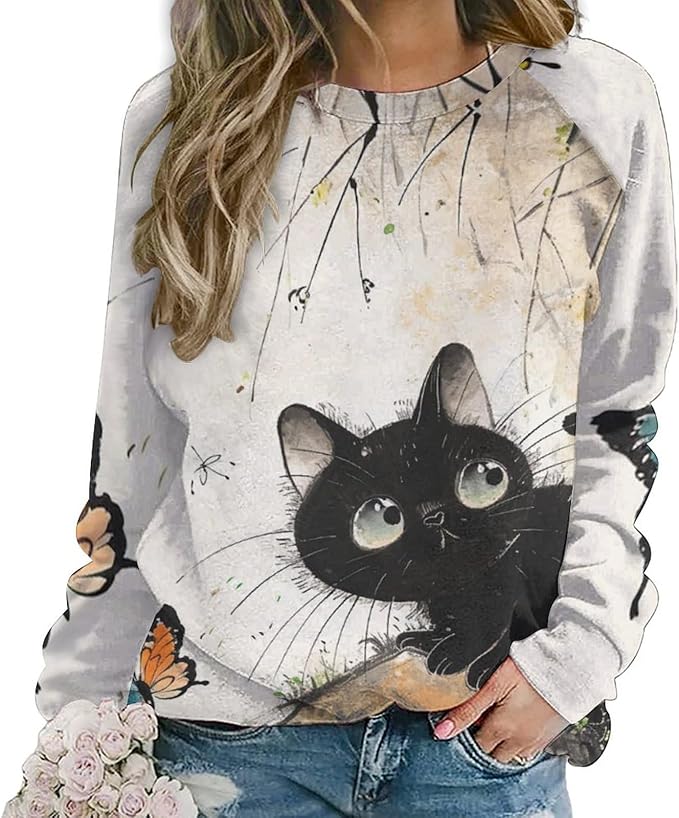 Long Sleeve Shirts for Women Cat Printed Fall Winter Dressy Holiday Casual Fashion Crewneck Tunic Tee Shirts